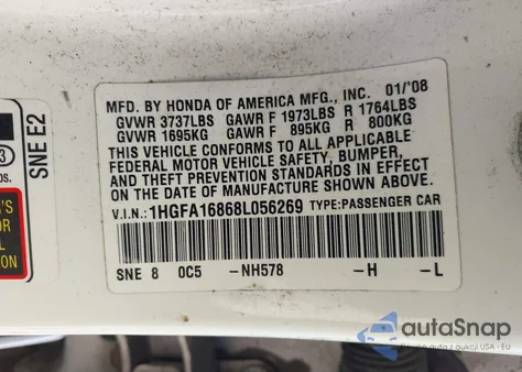 2008 Honda Civic Ex from USA, damaged, VIN 1HGFA16868L056269